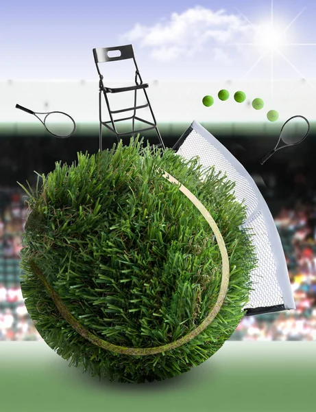 テニスのボールはネットとゲームと草から作られた バック グラウンドで立っている審判委員長と群衆 — ストック写真