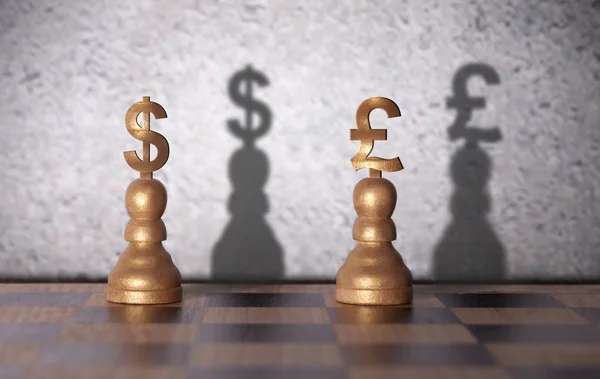 Dollar Pound Shadow Emerging Currency Chess Pawns — Stock Photo, Image