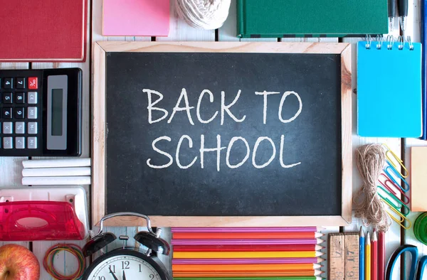 Top View Various Stationery Objects Blackboard Centre — Stock Photo, Image