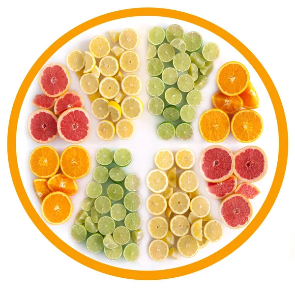 Många Frukter Form Skivad Citrus Inklusive Apelsiner Grapefrukt Citroner Och — Stockfoto