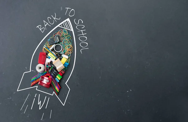 Back School Sketch Rocket Icon Stationery Accessories Chalkboard — Stock Photo, Image