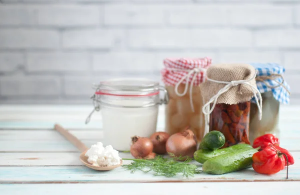 天然发酵食品 Kefir 小黄瓜 辣椒和洋葱 — 图库照片