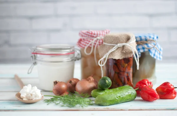 Collection Fermented Foods Natural Ingredients — Stock Photo, Image