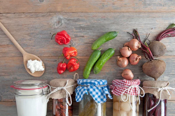 Výběr Přirozeně Konzervovány Fermentovaných Potravin Sklenicích — Stock fotografie