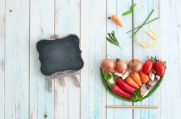 Natural Ingredients Shape Soup Bowl Empty Chalkboard — Stock Photo, Image