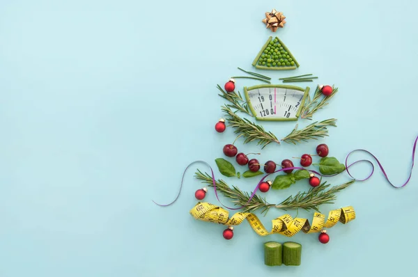 Christmas Tree Made Fruit Vegetables Weighing Scales — Stock Photo, Image