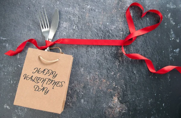 Cutlery Gift Bag Red Ribbon Heart — Stock Photo, Image