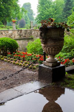 Yağmurdan sonra Lantsut Kalesi 'nin parkında vazo