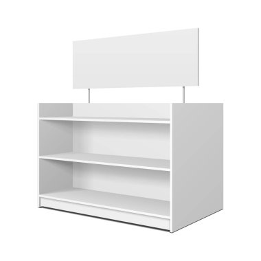 Perakende raflar, raf ticareti ile boş boş vitrin görüntüler. Yukarı, şablon alay. İllüstrasyon izole beyaz arka plan üzerinde. Tasarımınız için hazır. Ürün reklam. Vektör Eps10.