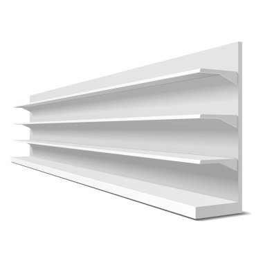 Boş boş vitrin ekran perakende raflarında. 3D. yan görünüm. Yukarı, şablon alay. İllüstrasyon izole beyaz arka plan üzerinde. Tasarımınız için hazır. Ürün reklam. Vektör Eps10
