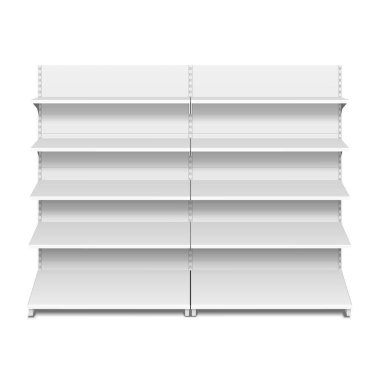 Boş boş vitrin ekran perakende raflarında. 3D. ön görünümü. Yukarı, şablon alay. İllüstrasyon izole beyaz arka plan üzerinde. Tasarımınız için hazır. Ürün reklam. Vektör Eps10