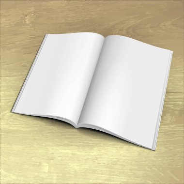 Boş açık dergi, kitap, kitapçık, broşür, kapak. Ahşap doku arka plan beyaz. Şablon hazır tasarımınız için alay. Vektör Eps10