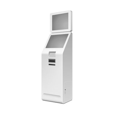 Açık beyaz. Ödeme Terminal. ATM, Pos, POI reklam Stand beyaz arka plan üzerinde. 3D mock Up, şablonu. İllüstrasyon izole beyaz arka plan üzerinde. Vektör Eps10