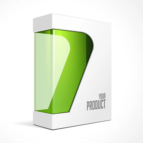 Paquete de productos de software moderno con ventana verde para DVD o CD. Ilustración 3D burlona sobre fondo blanco aislado. Listo para tu diseño. Embalaje. Vector EPS10 — Archivo Imágenes Vectoriales