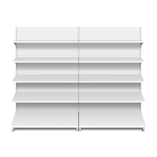 Blank Empty Showcase Display With Retail Shelves. 3D. Front View. Mock Up, Template. Illustration Isolated On White Background. Ready For Your Design. Product Advertising. Vector EPS10 — Stock Vector