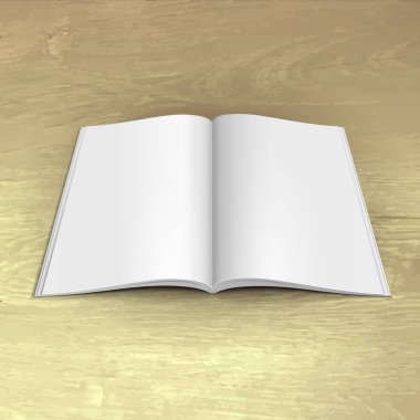 Boş açık dergi, kitap, kitapçık, broşür, kapak. Ahşap doku arka plan beyaz. Şablon hazır tasarımınız için alay. Vektör Eps10