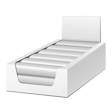 Mockup görüntü sahibi kutu karton dolu boş boş. Çikolata, Protein Bar. Yukarı, şablon alay. Beyaz arka planda izole ürünler. Tasarımınız için hazır. Mockup ürün ambalaj. Vektör Eps10