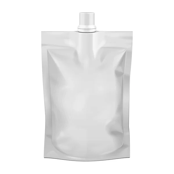 Bolso del sobre de la bolsa de la maqueta con la tapa del pico. Comida en blanco Stand Up Flexible. Prepárate, Plantilla. Ilustración Aislado sobre fondo blanco. Listo para tu diseño. Embalaje. Vector EPS10 — Vector de stock