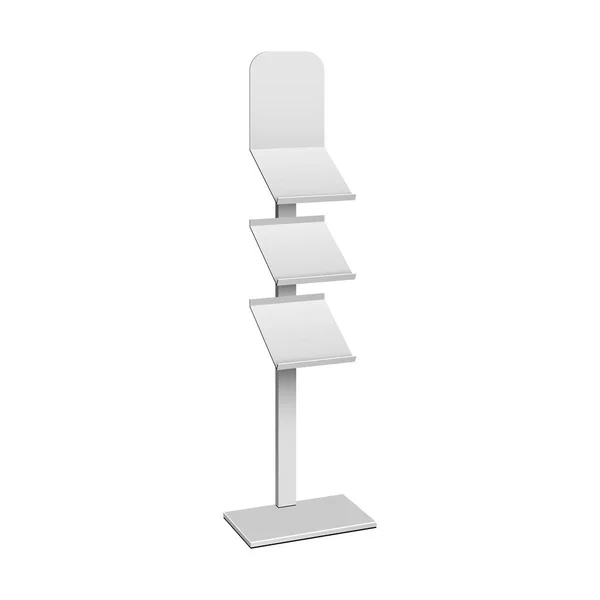 Porte-boîte vide vide vierge pour les prospectus, dépliantsVente au détail. étagères présentoir de plancher pour supermarché, banque. Maquette-toi. 3D sur fond blanc isolé. Prêt pour votre design. Publicité produit. Vecteur — Image vectorielle