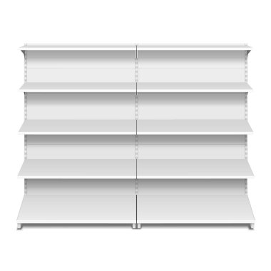 Boş boş vitrin ekran perakende raflarında. 3D. ön görünümü. Yukarı, şablon alay. İllüstrasyon izole beyaz arka plan üzerinde. Tasarımınız için hazır. Ürün reklam. Vektör Eps10