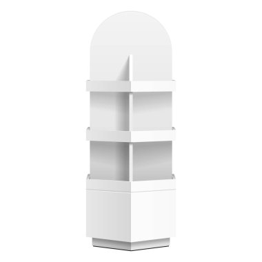 Altıgen, altıgen Pos POI karton zemin ekran raf süpermarket boş boş için. Kadar alay et. İllüstrasyon izole beyaz arka plan üzerinde. Tasarımınız için hazır. Ürün reklam. Vektör Eps10