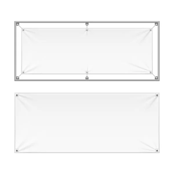 Wandattrappe Streamer Vinyl Flex Banner, Stoff, Nylon mit Falten. Ecken Seile. Schild. Attrappe, Vorlage. Illustration isoliert auf weißem Hintergrund. Produktwerbung. Vektor eps10 — Stockvektor