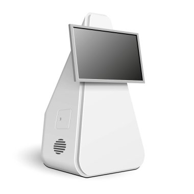 Mockup Ödeme Bilgi Terminali İnteraktif Ekran, Atm, Pos, Poi, Açık Kapalı Reklam Standı. 3d Mock Up, Şablon. Beyaz Arka Plan Üzerine İzole İllüstrasyon. Vektör Eps10