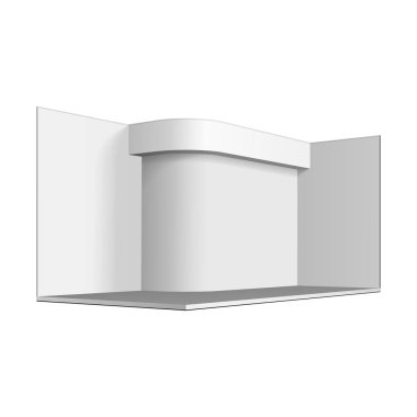 Mockup Sergi Stand Boş Boş. Sergi Sergisi. Alay Et. Beyaz Arka Plan İzole Üzerine İllüstrasyon. Tasarımınız için hazır. Ürün Reklam. Vektör 3d
