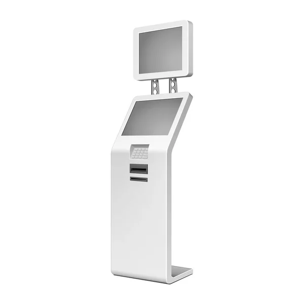 Kültéri White Metal ATM, automatizált Teller Machine, fizetési terminál, reklám stand fehér háttér. 3D gúnyolódni fel, sablon. Illusztráció elszigetelt fehér háttér. Vektor Eps10 — Stock Vector