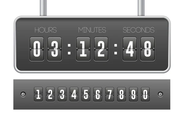 Mechanische Flip countdown klok teller timer. Digitale Tijdscherm en nummers. Board met scorebord uur, minuten en seconden voor webdesign. Afbeelding geïsoleerd op witte achtergrond. Vector Eps10 — Stockvector