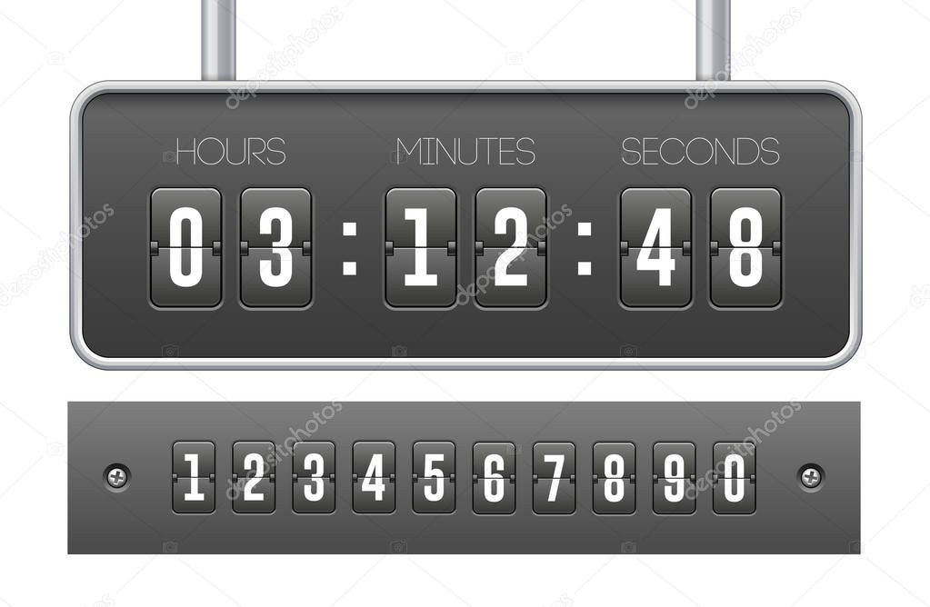 Mechanical Flip Countdown Clock Counter Timer. Digital Time Screen And Numbers. Board With Scoreboard Hour, Minutes and Seconds for Web Design. Illustration Isolated On White Background. Vector EPS10