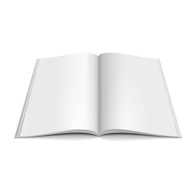 Mockup Boş Açık Dergi, Kitap, Kitapçık, Broşür, Kapak. Beyaz Arka Plan Üzerine İzole İllüstrasyon. Tasarımınız için şablonu hazır şekilde tarar. Vektör Eps10