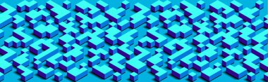 Soyut Biyometrik Modern Yatay Piksel Arka Plan. 3d Geometrik Kompozisyon. Mavi Doku. Uzamsal Şekiller, Küpler, Paralelepipedler. Reklam Afiş, Kapak, Banner için Yaratıcı Şablon