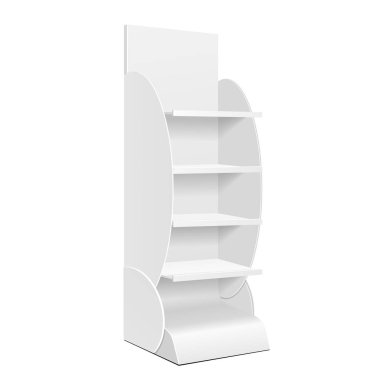 Mockup Boş Boş Vitrin Perakende Raflar, Ticaret Rafile Görüntüler. Mock Up, Şablon. Beyaz Arka Plan Üzerine İzole İllüstrasyon. Tasarımınız için hazır. Ürün Reklam. Vektör Eps10.