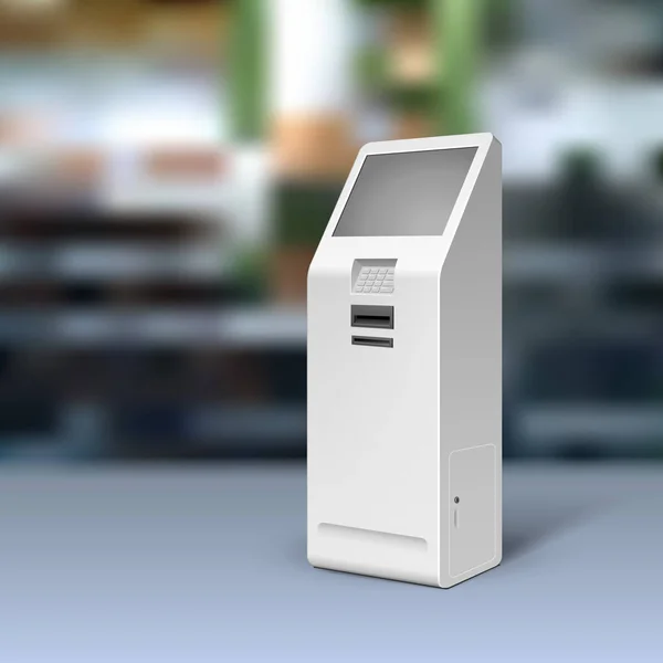 Mockup Payment Information Terminal. Bancomat, POS, POI Pubblicità Outdoor, Stand Indoor. 3D Mock Up, Template. Illustrazione su sfondo realistico negozio, centro commerciale. Vettore EPS10 — Vettoriale Stock