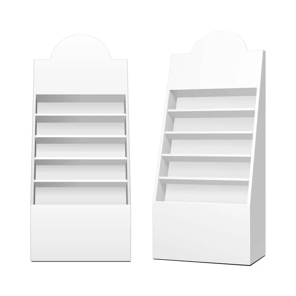 Kartonnen Retail Planken Vloer Display Rack voor Supermarkt Blanco Leeg. Wat een onzin. 3D op witte achtergrond geïsoleerd. Klaar voor je ontwerp. Productreclame. Vector EPS10 — Stockvector