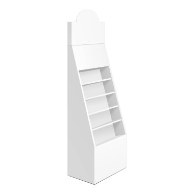 Mukavva Perakende Rafları Raflar Süpermarket Boşluğu için Rafları Göster Model Yukarı. Beyaz arka planda 3D izole edildi. Tasarımına hazırım. Ürün Reklamcılığı. Vektör EPS10