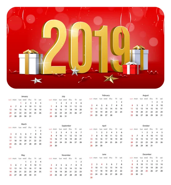 2019 frohes neues Jahr Kalender, Hintergrund, Karte, Banner, Flyer oder Weihnachten thematische Einladungen. rote Abbildung mit goldenen Ziffern, Schneeflocke und Geschenkbox. Vektor Folge 10. — Stockvektor