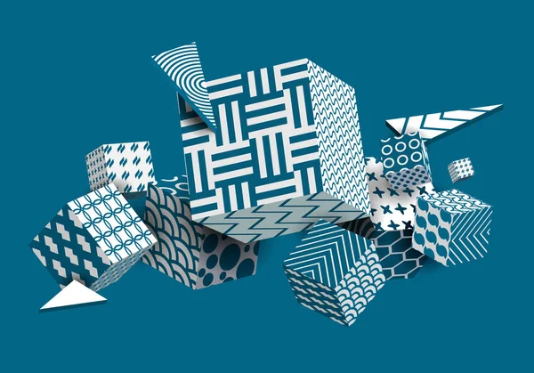 Fondo geométrico abstracto 3D cubos coloridos, triángulo. Póster decorativo, Papel pintado, Textura. Luz, Blanco, Azul. Composición de formas de gradiente. Vector EPS10 — Vector de stock