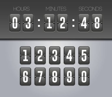 Mekanik Flip Countdown Saat Sayaç Zamanlayıcı. Dijital Zaman Ekranı ve Sayılar. Web Tasarımı için Puantaj Saati, Dakika ve Saniye ile Kurulu. Beyaz Arka Plan Üzerine İzole İllüstrasyon. Vektör Eps10