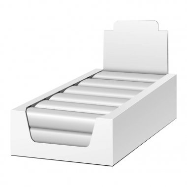 Mockup görüntü sahibi kutu karton dolu boş boş. Çikolata, Protein Bar. Yukarı, şablon alay. Beyaz arka planda izole ürünler. Tasarımınız için hazır. Mockup ürün ambalaj. Vektör Eps10