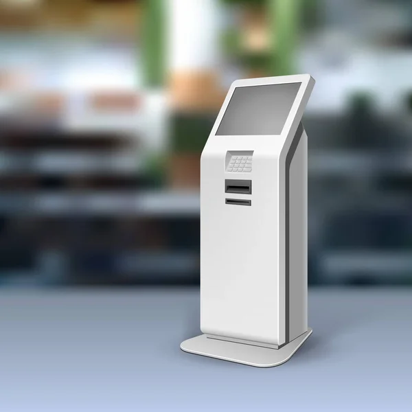 Mockup Payment Information Terminal. Bancomat, POS, POI Pubblicità Outdoor, Stand Indoor. 3D Mock Up, Template. Illustrazione su sfondo realistico negozio, centro commerciale. Vettore EPS10 — Vettoriale Stock