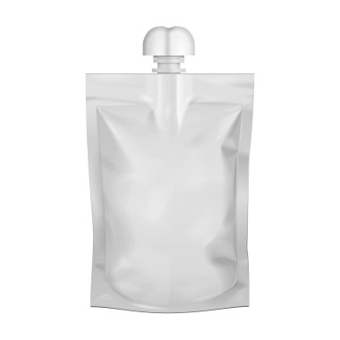 Spout kapağı Ile mockup kılıfı poşet çantası. Boş gıda esnek stand up. Mock up, şablon. Beyaz arka planda yalıtılmış çizim. Tasarımınız Için hazır. Ürün paketleme. Vektör eps10