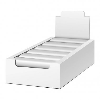 Mockup görüntü sahibi kutu karton dolu boş boş. Çikolata, Protein Bar. Yukarı, şablon alay. Beyaz arka planda izole ürünler. Tasarımınız için hazır. Mockup ürün ambalaj. Vektör Eps10