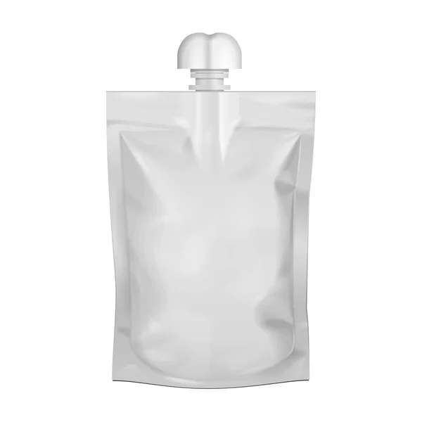 Bolso del sobre de la bolsa de la maqueta con la tapa del pico. Comida en blanco Stand Up Flexible. Prepárate, Plantilla. Ilustración Aislado sobre fondo blanco. Listo para tu diseño. Embalaje. Vector EPS10 — Vector de stock