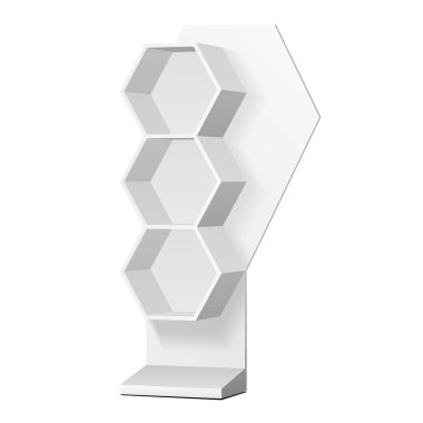 Mockup Altıgen Perakende Rafları Süpermarket Boşluğu için Görünüm Rafı Cep telefonu. Karton. Model Yukarı. Beyaz arka planda 3D izole edildi. Tasarımına hazırım. Ürün Reklamcılığı. Vektör EPS10