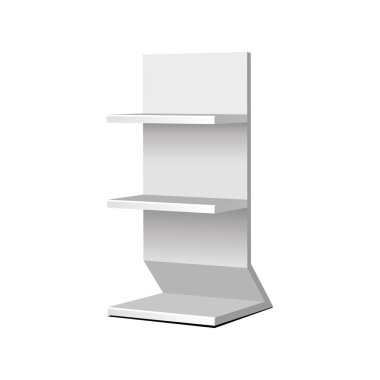 Mockup Karton Perakende Raflar Süpermarket Boş Boş için Zemin Ekran Raf. Alay Et. 3d Beyaz Arka Plan İzole. Tasarımınız için hazır. Ürün Reklam. Vektör Eps10