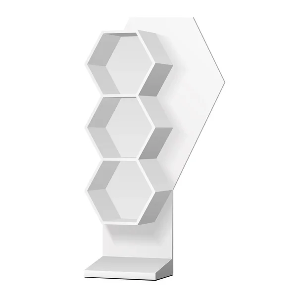 Mockup Hexagonal Retail Shelves Floor Display Rack For Supermarket Blank Empty. 감방이요. 카드 보드. 화장을 하라. 3D 백지에 고립되어 있다. 설계에 대비하라. 제품 광고. 분사기 EPS10 — 스톡 벡터