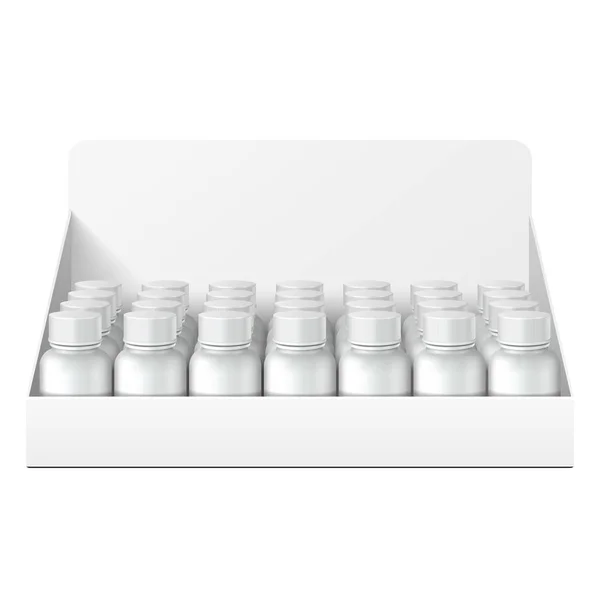 Χάρτινο κουτί με θήκη χαρτονιού γεμάτο κενό με μπουκάλια, κουτιά, βάζα. Βιταμίνες, διατροφικά συμπληρώματα, καλλυντικά. Μακέτα, πρότυπο. Προϊόντα σε λευκό φόντο απομονωμένη. Συσκευασία συσκευασίας. — Διανυσματικό Αρχείο