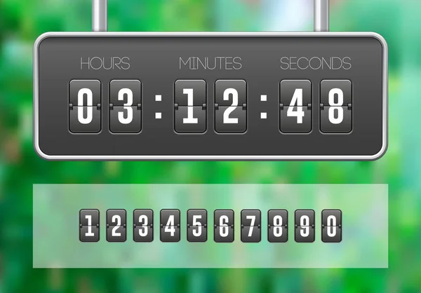 Mecánica Flip Countdown Reloj contador temporizador. Pantalla de tiempo digital y números. Tablero con la hora del marcador, minutos y segundos para el diseño de la tela. Fondo Verde Jardín de Verano. Vector EPS10 — Archivo Imágenes Vectoriales